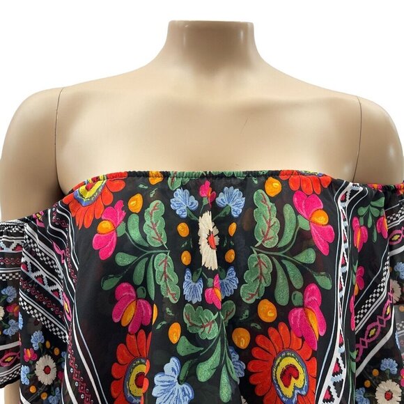 Show Me Your Mumu Boho Floral Off-Shoulder Cropped Flowy Top Black Multicolor M - Picture 2 of 10